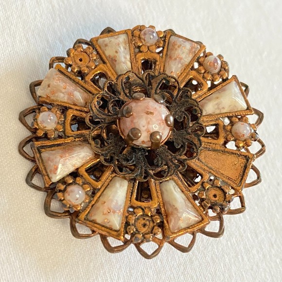 Vintage Round Brooch Copper Glitter Marbled White Stones Pinwheel Design - Picture 3 of 9